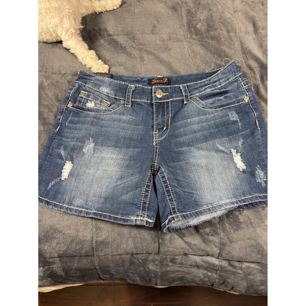 Seven7 Womens Size 10 Medium Wash‎ Distressed Thick Stitch Denim Shorts Blue